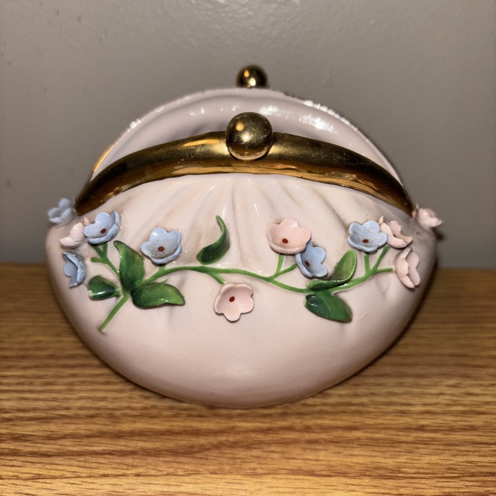 Vintage Lefton Porcelain Purse Shaped Vase‎  Pink Blue Flowers Gold Accents